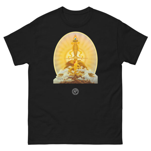 unisex-classic-tee-black-front-68cd0540387f9.jpg The Sword Of The Dawn 2 T-shirt by Bob Haberfield for the book by M. Moorcock