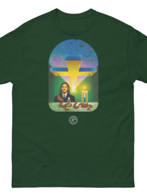 unisex-classic-tee-forest-green-front-68cc530e47c80.jpg Behold The Man T-shirt a moorcock t-shirt by Bob Haberfield