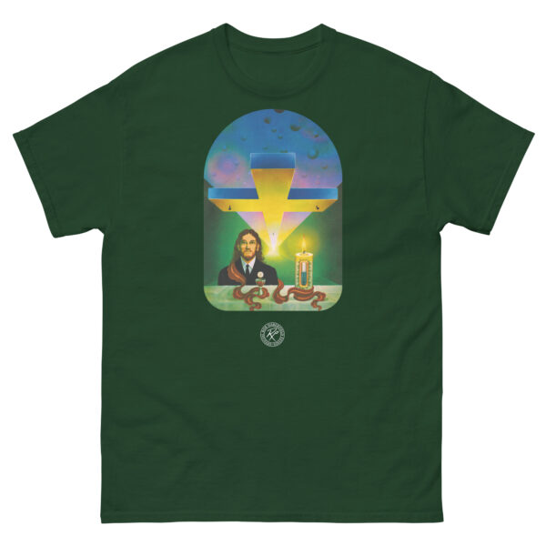unisex-classic-tee-forest-green-front-68cc530e47c80.jpg Behold The Man T-shirt a moorcock t-shirt by Bob Haberfield