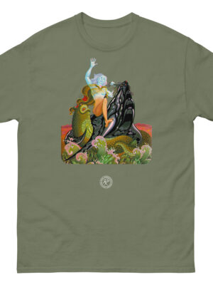 unisex-classic-tee-military-green-front-68c455b3a5382.jpg The Time Dweller T-shirt painted by Bob Haberfield for the Michael Moorcock Book